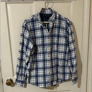 Lands' End Men's Navy and White Checkered Shirt